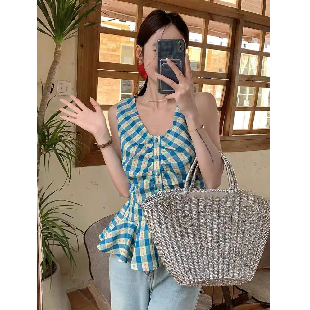 法式V领格子背心女2025夏季纯欲风辣妹无袖衬衫上衣
