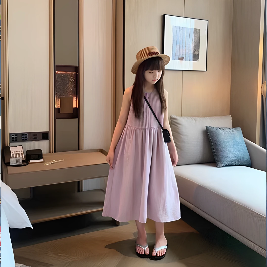 女大童韩版紫色连衣裙2024夏装新款少女时尚透气无袖背心裙度假裙