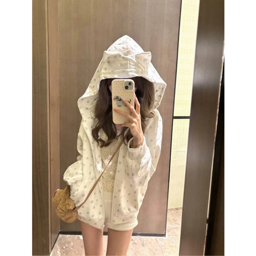 早秋甜美小猫原宿风百搭波点薄款连帽开衫韩版ins风高级感卫衣女