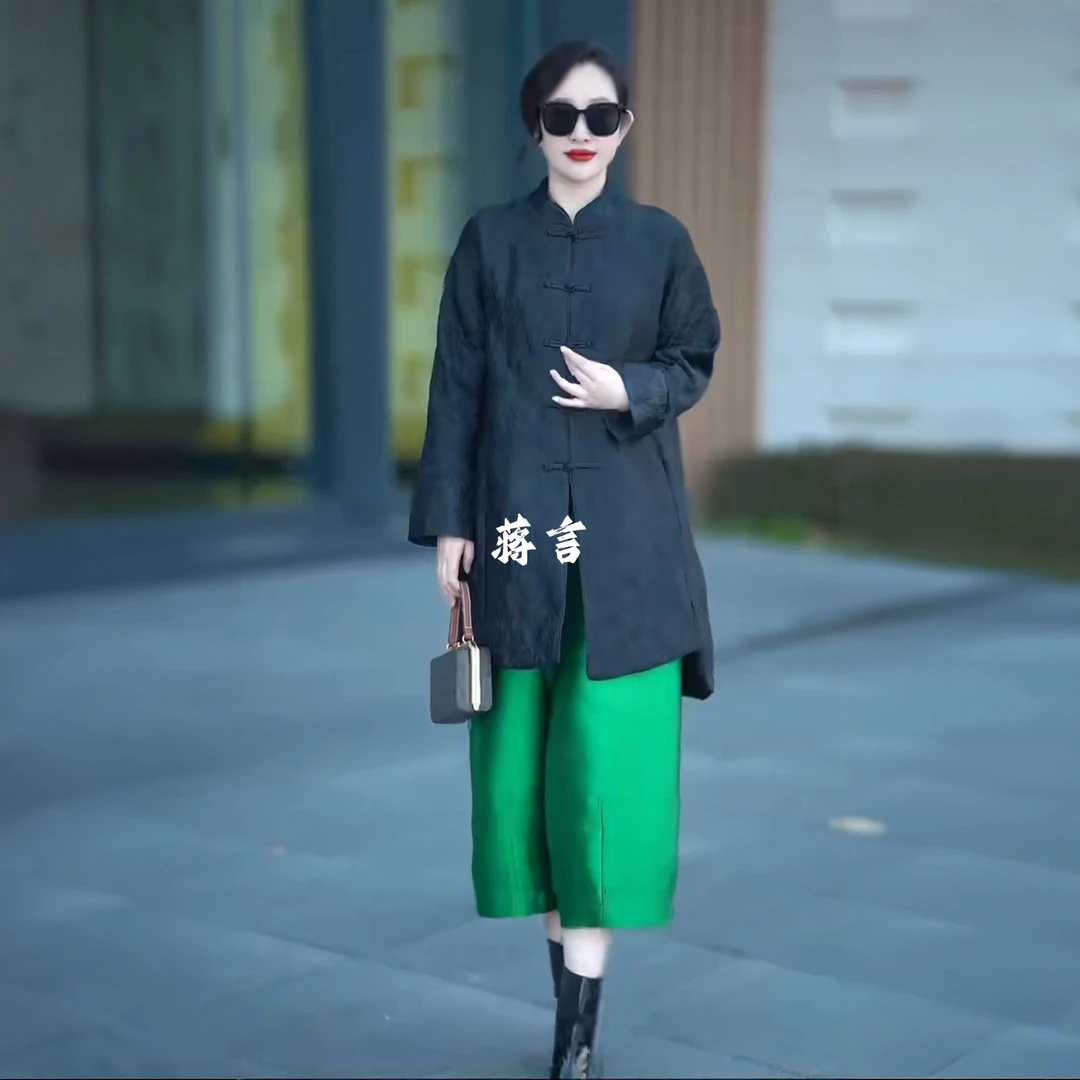 50165不加棉秋冬阔太太国风中式盘扣中长款唐装宽松提花风衣外套