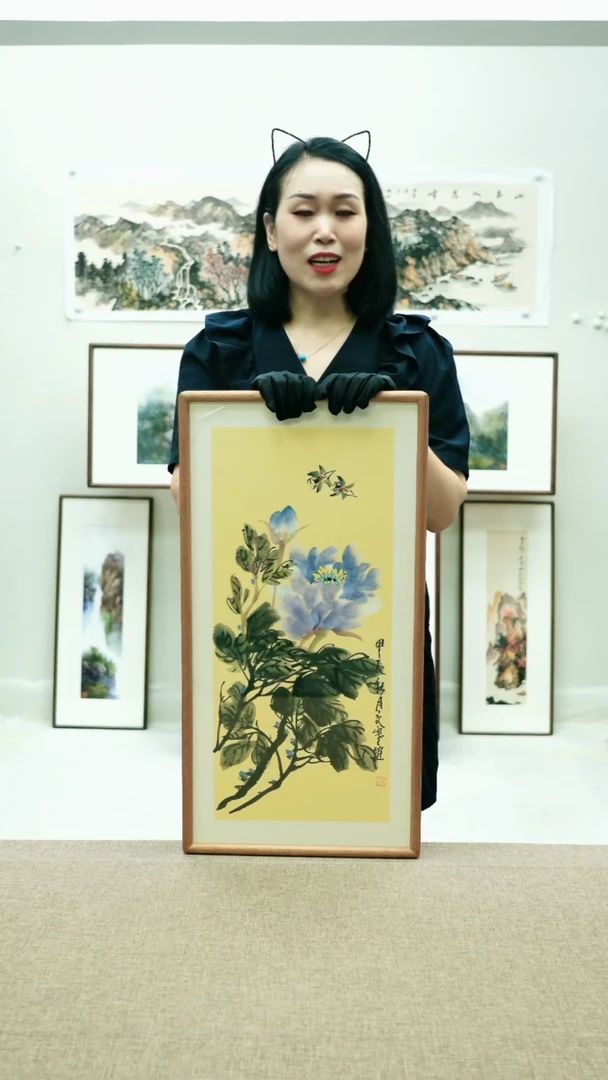 国画35*68夏寒手绘花鸟带框