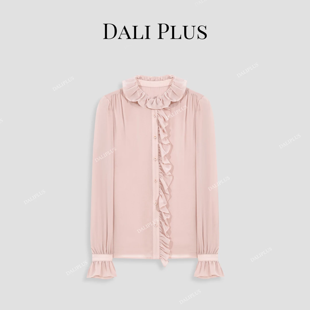 DALI PLUS重工法式荷叶边设计优雅甜美气质长袖衬衫-D5ST1036