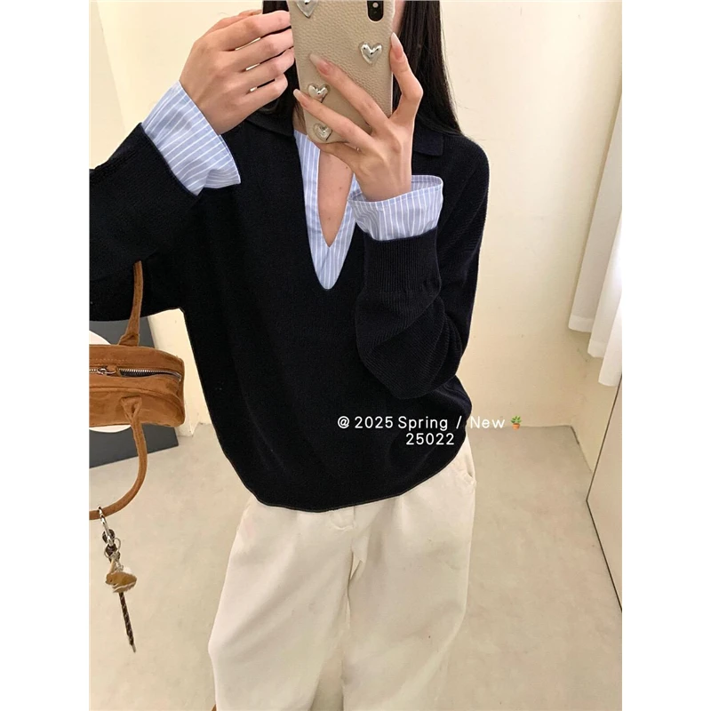 2025年新款拼接假两件长袖针织衫女早秋款设计感宽松显瘦V领上衣
