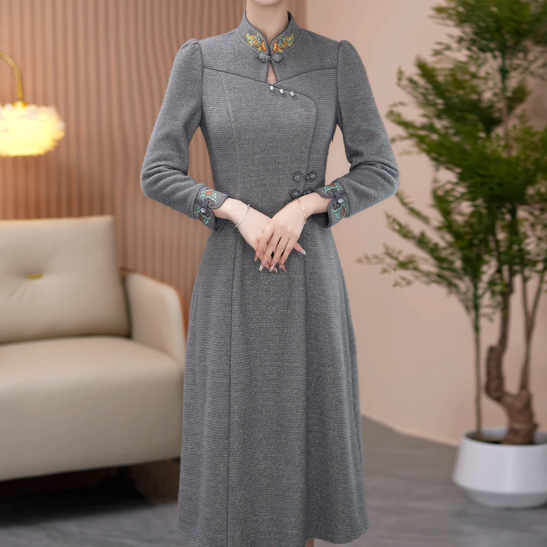 【芊恩女装】Y24233冬季新款改良新中式旗袍连衣裙遮肚子收腰显气质