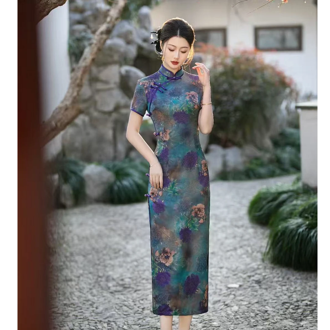 2025新款优雅气质夏季复古长款日常修身中国风双层改良短袖旗袍女