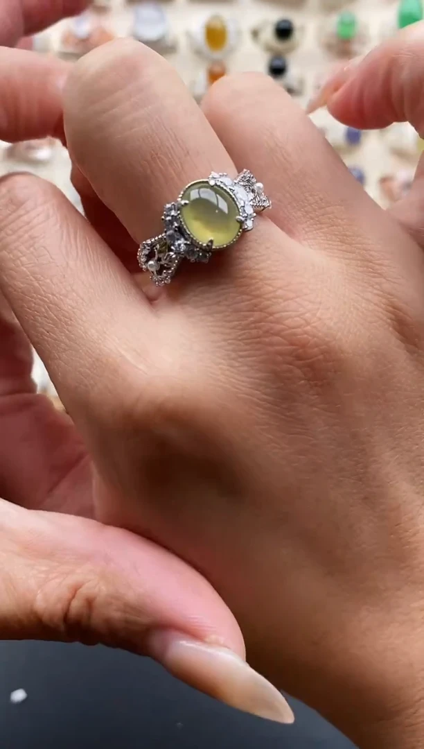 银S925镶嵌戒指翡翠缅甸天然A货翡翠2 5-8