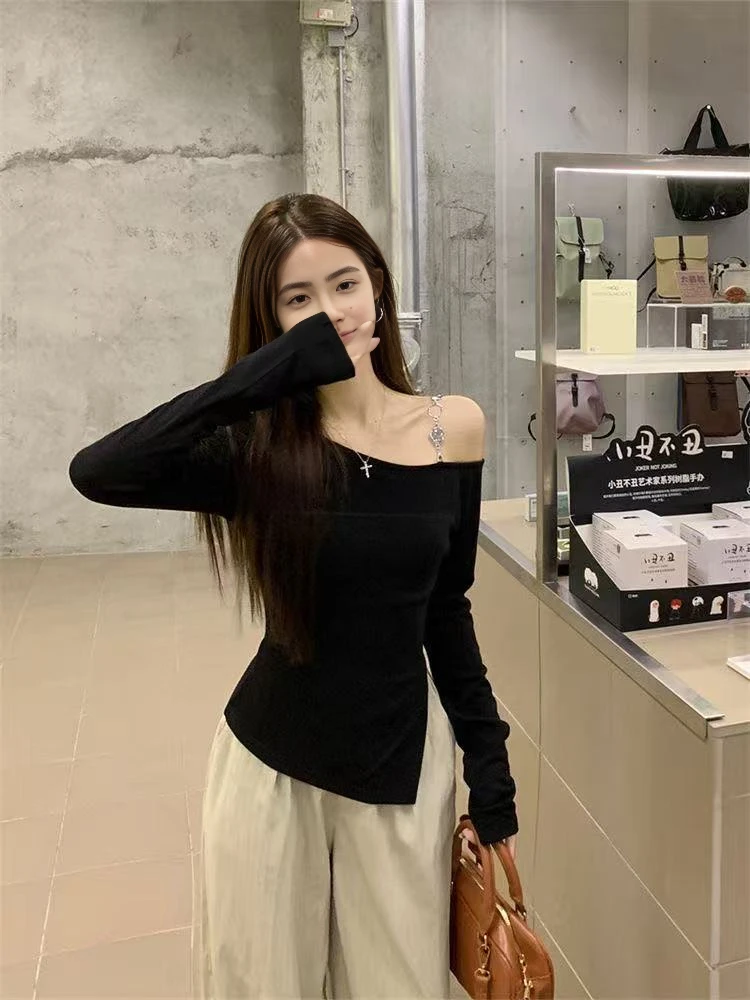 长袖女装链条修身小众休闲设计感T恤上衣斜肩新款不规则显瘦早秋