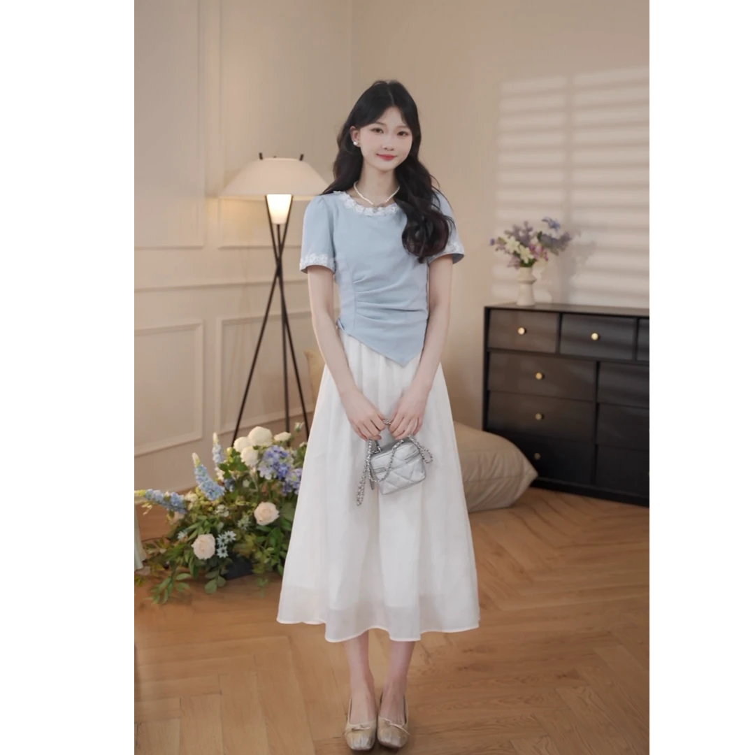 鹿向南「梦境交错」法式气质女夏季蓝色假两件拼接连衣裙DYL661778