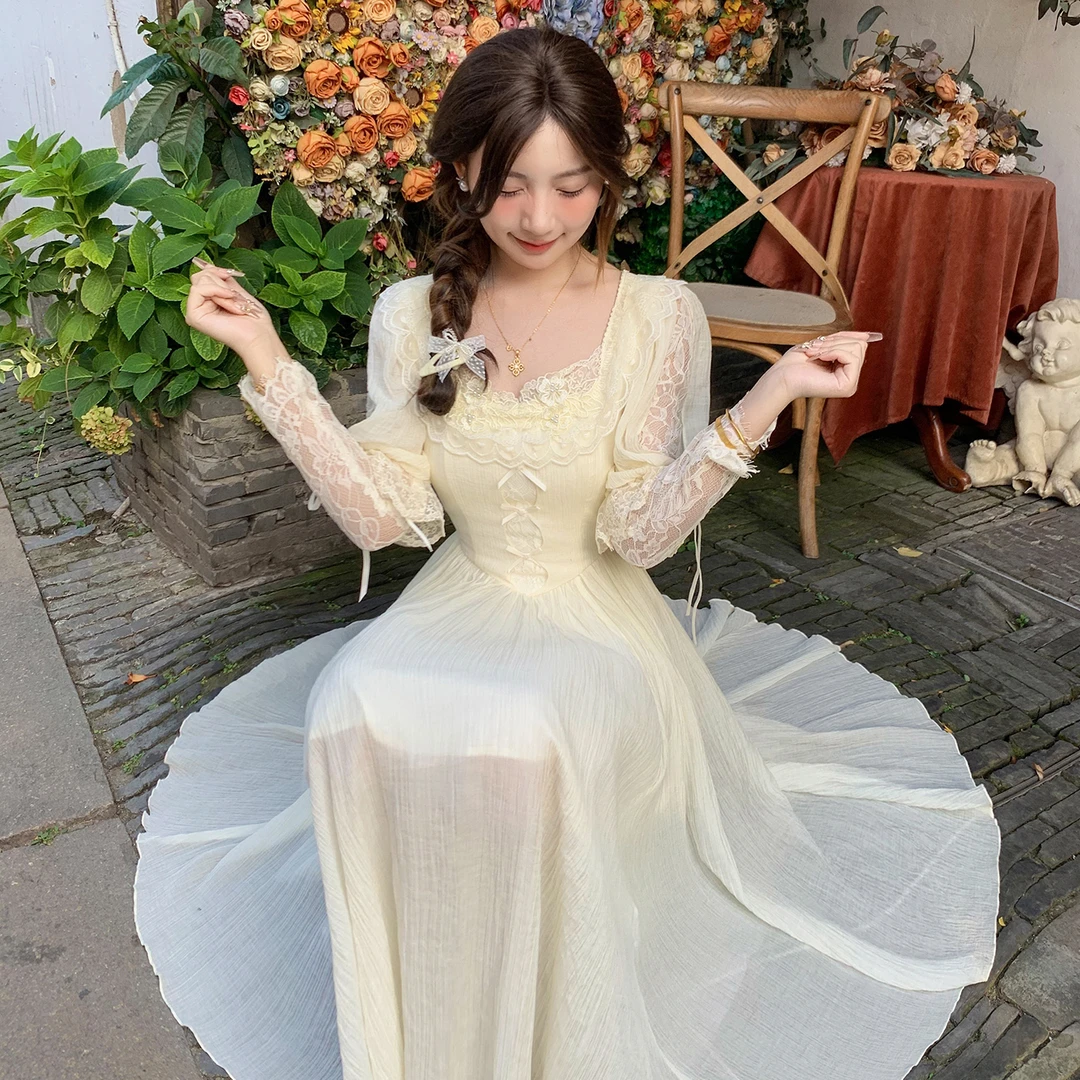 艾日秀珍珠织梦早秋法式温柔慵懒风蕾丝蝴蝶结显瘦连衣裙女F0875