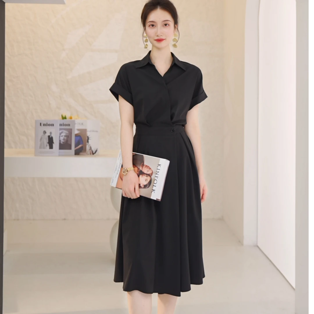 【素简-2.0】2025新面料爱居兔夏季遮肉黑色显瘦连衣裙EQLBJ2Q751A