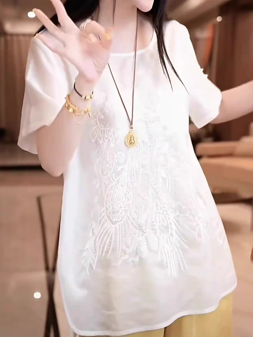 2025夏季新中式国风重工刺绣白色短袖衬衫女轻奢宽松圆领上衣