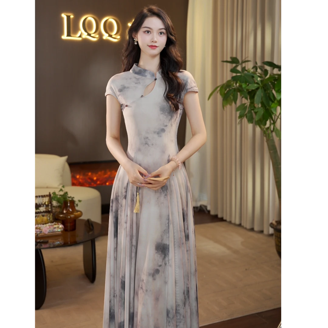 七七-【墨染】中式旗袍元素修身端庄优雅风连衣裙-LQ043