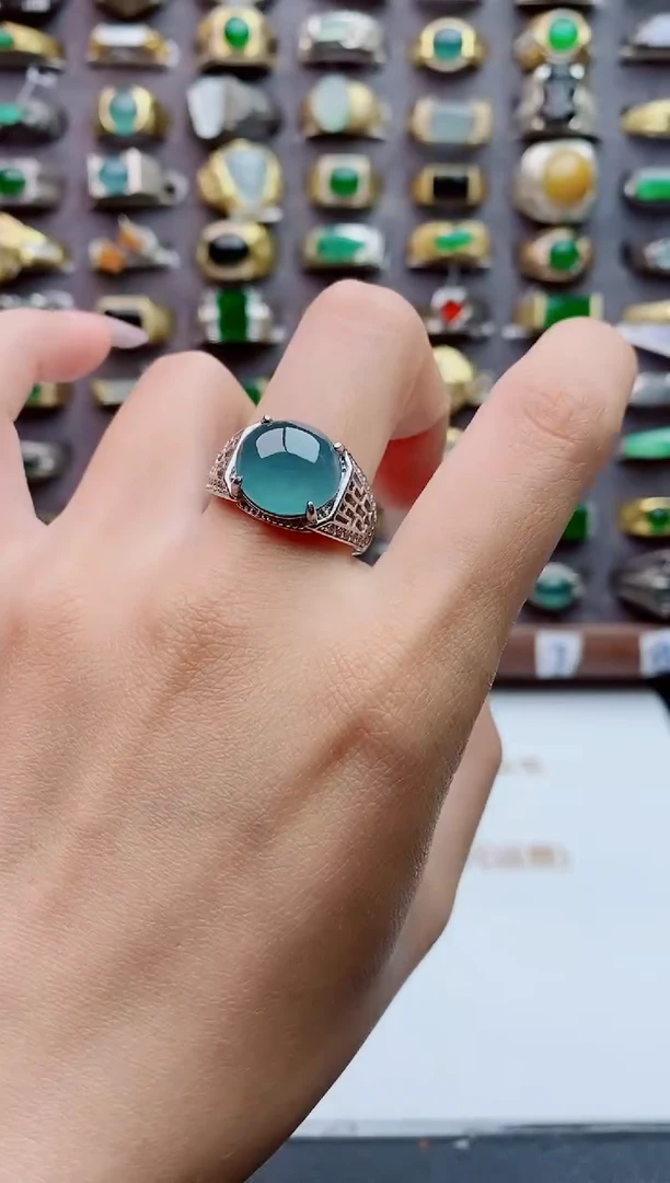 银S925镶嵌戒指翡翠天然翡翠男戒