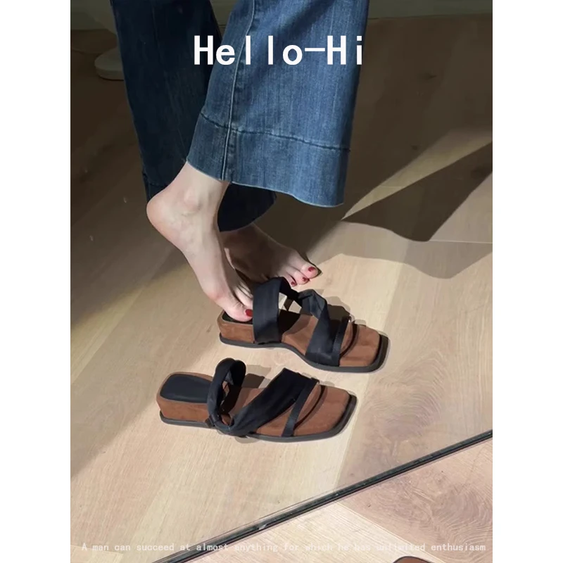 羊皮版~厚底方头一字带凉拖鞋女外穿复古气质罗马风凉鞋两穿拖鞋