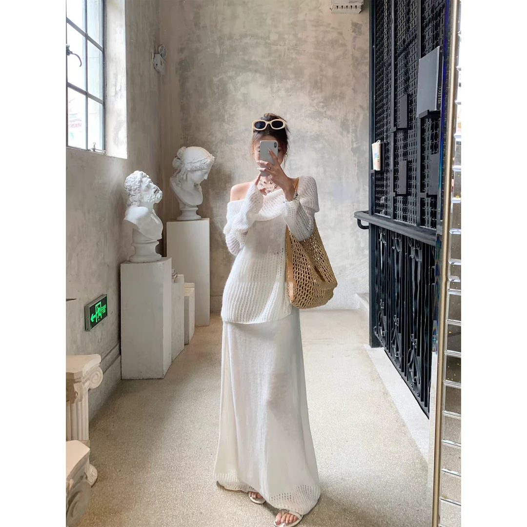 清透早秋露肩镂空微透针织上衣松紧腰长款半身裙时尚套装