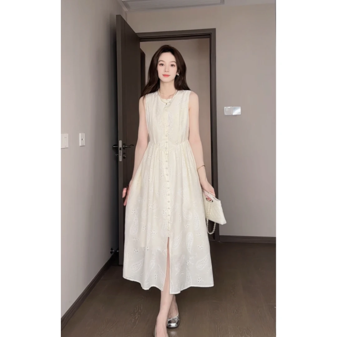 新款长款文艺度假海边重工刺绣无袖连衣裙长裙裙子L25018