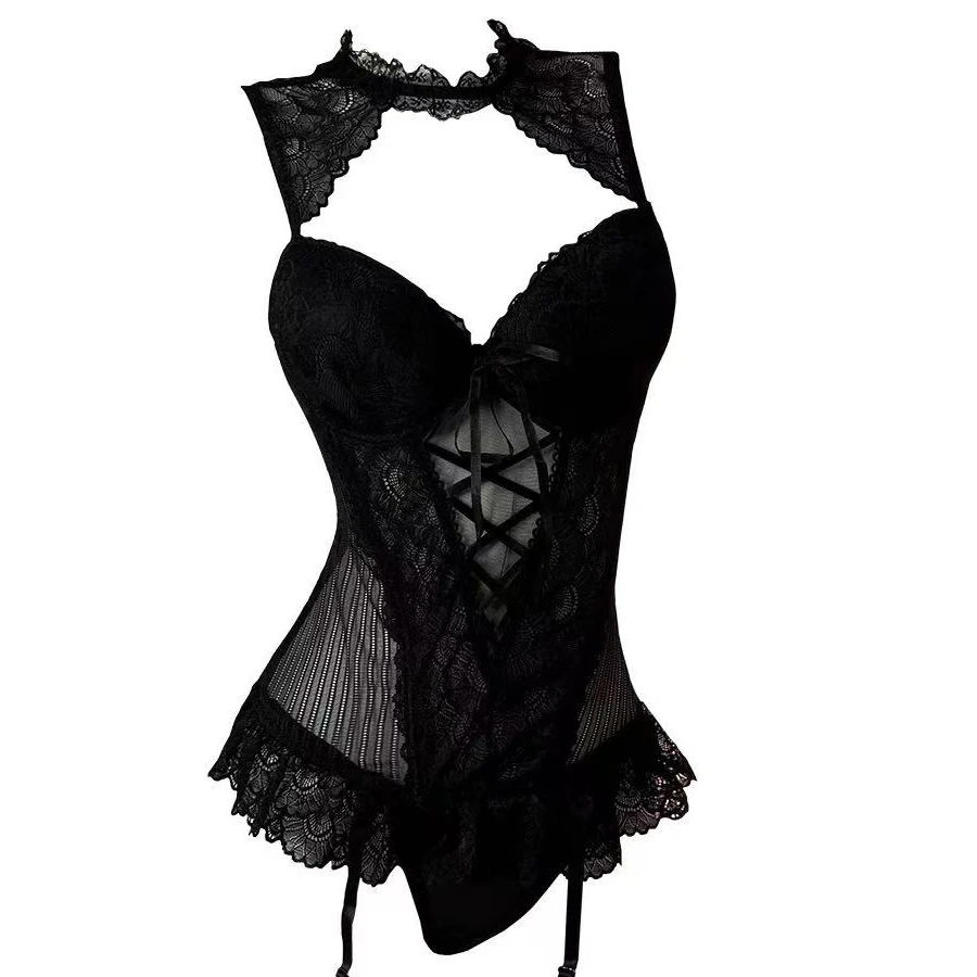 【黑天鹅】蕾丝美背性感镂空露背瘦腰显瘦黑色酒吧拍照套装