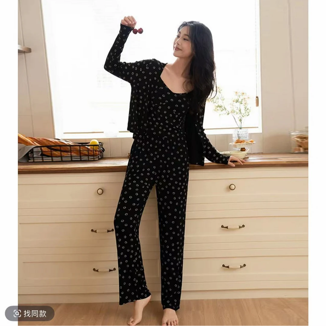秋季新带胸垫休闲三件套长袖印花长裤可外穿家居服睡衣套装241105