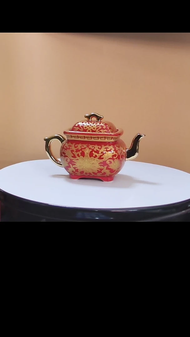 【闪购商品】茶壶良瓷美品红金色四方茶壶礼盒装