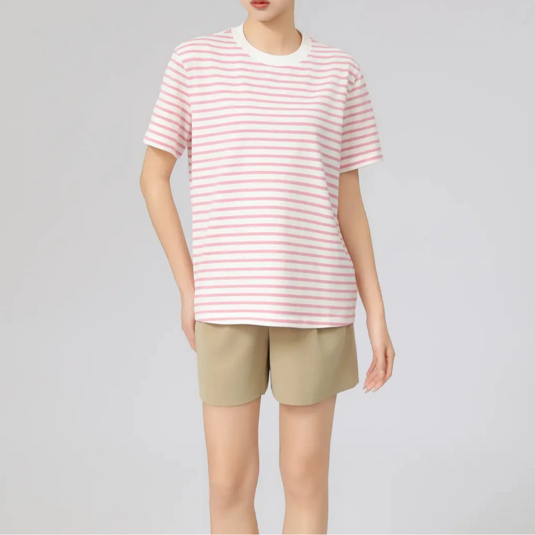 阿玛施春夏新款时尚减龄百搭甜美条纹打底短紫色条纹减龄短袖t恤