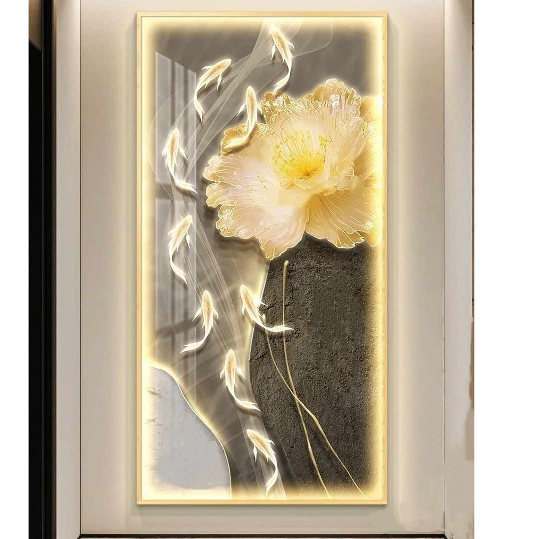 新款九鱼图玄关装饰画花开富贵客厅轻奢走廊过道壁画