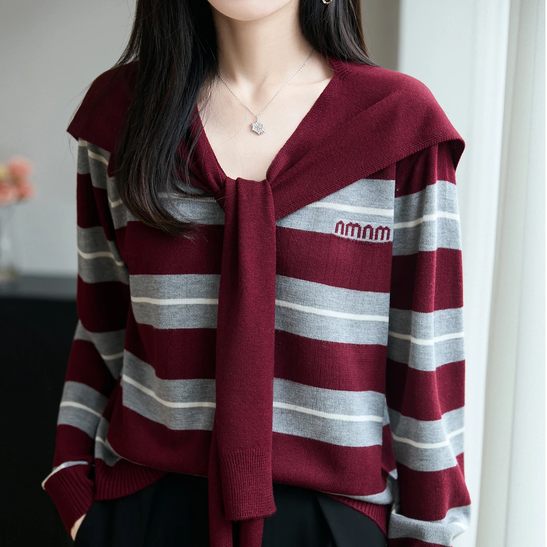 SM潮流秋冬减龄披肩假两件条纹V领毛针织衫女宽松套头新款上衣