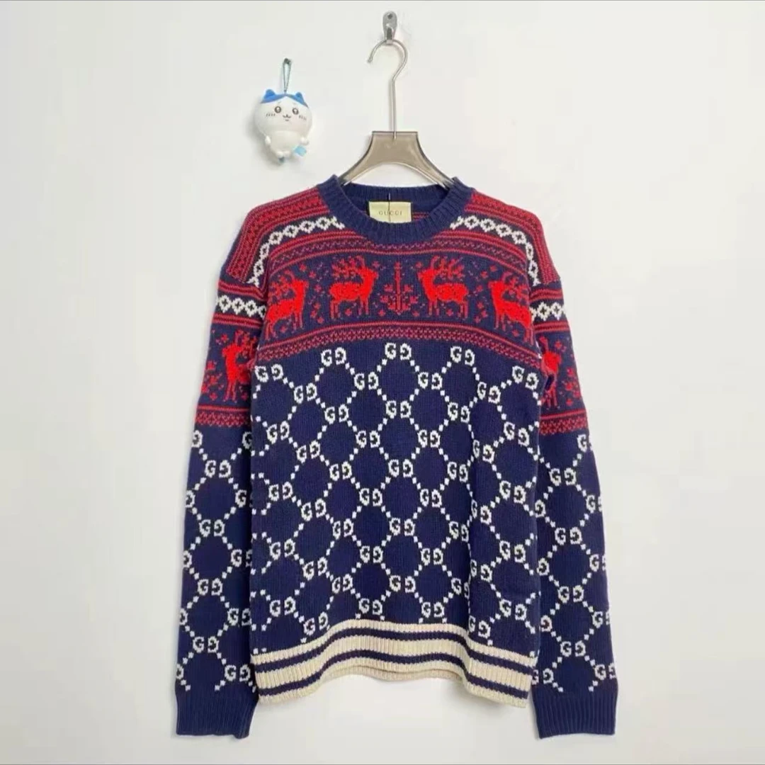 99新 GUCCI/古驰 圣诞风麋鹿老花满印毛衣 h616