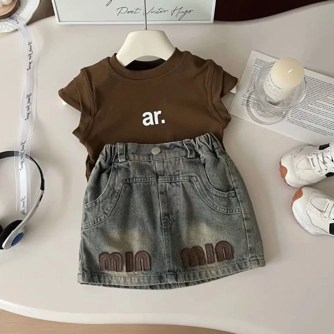 女童夏季时尚套装T恤儿童洋气牛仔裙女宝休闲小童薄款两件套百搭