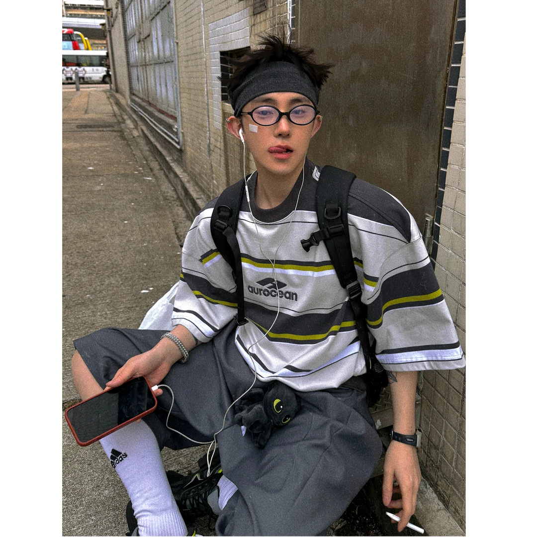 Aurocean 元气撞色条纹圆领T恤 定制重磅棉宽松大版短袖