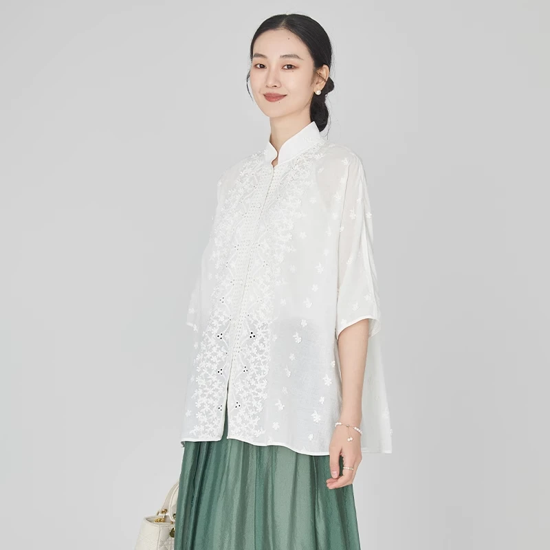 「浮云堂.风」留白.新中式禅意提花改良衬衫女2025秋宽松国风茶服