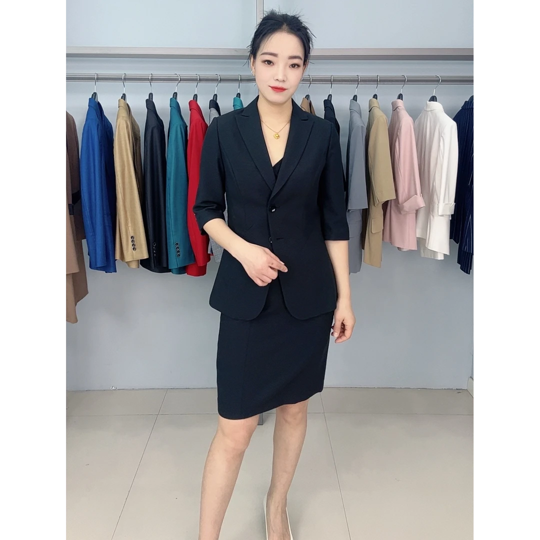 黑色小西装显瘦女夏季薄款两粒扣七分袖职业装西服套装夏天9920