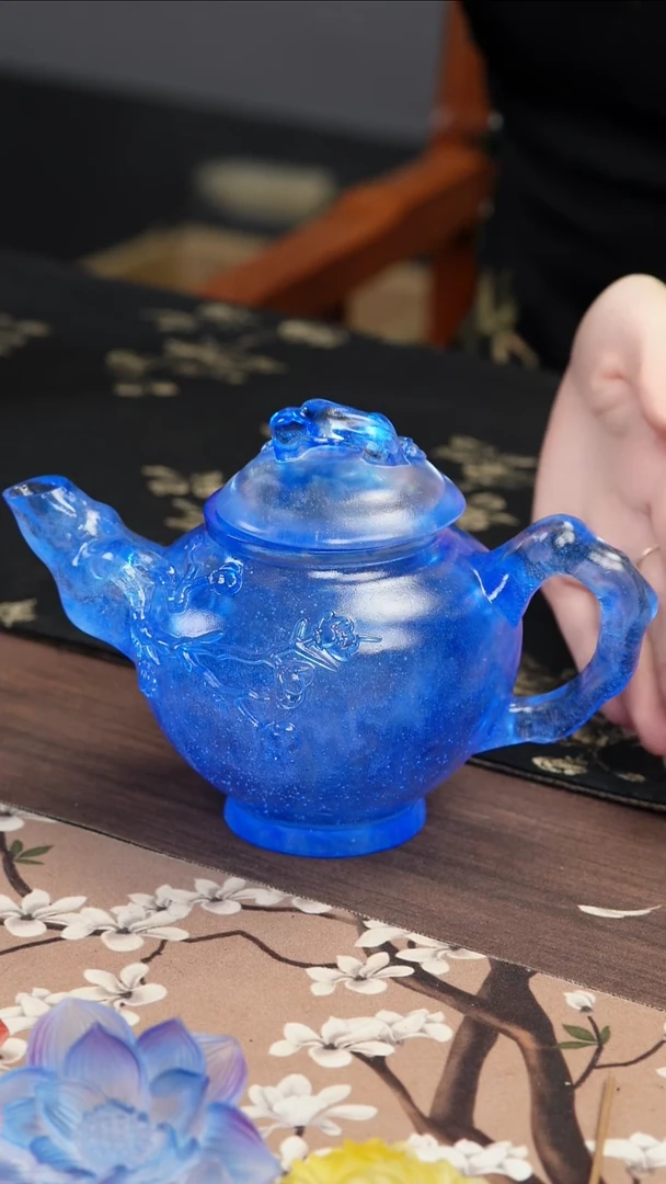 琉璃手工艺品蓝色梅花雕花侧把冷泡壶
