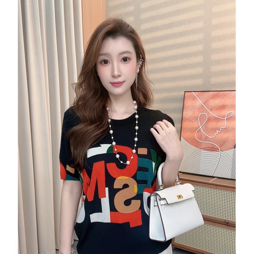 春夏减龄小众复古时尚洋气字母百搭显瘦气质休闲短袖冰丝针织衫女