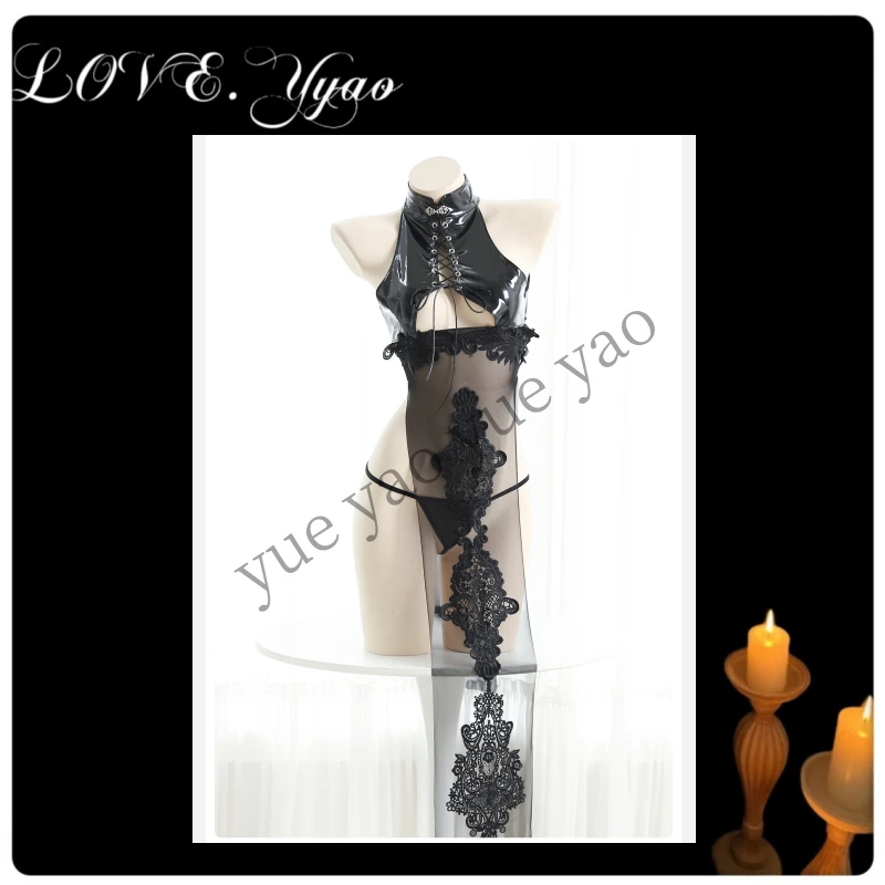 月遥【丝滑的夜】PU拼接刺绣露背性感网红主播同款绑带御姐旗袍睡裙