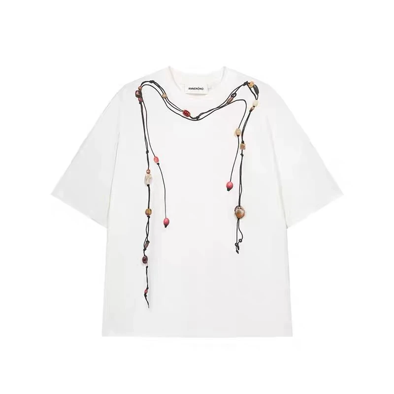 ANNENONO 设计师品牌25早春新品 编织绳图案印花手工钉珠T恤女