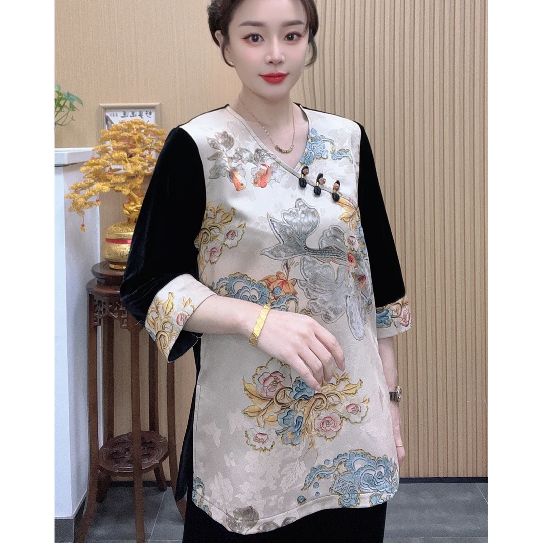 贡缎拼接丝绒复古上衣衫盘扣中式七分袖上衣中长款百搭洋气显瘦