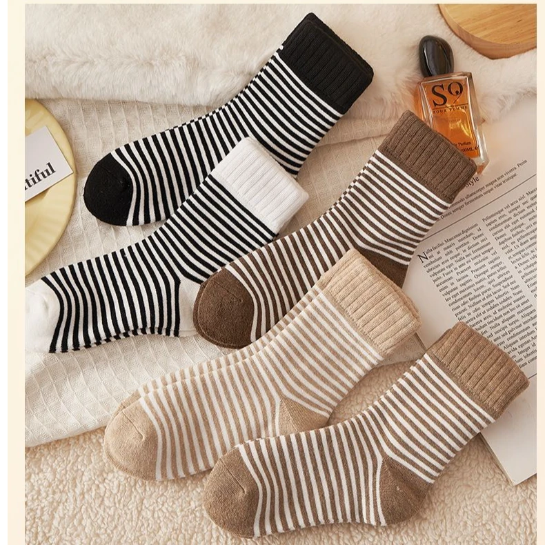 寒冬条纹保暖加厚毛圈中筒女袜 撞色条纹复古美拉德堆堆