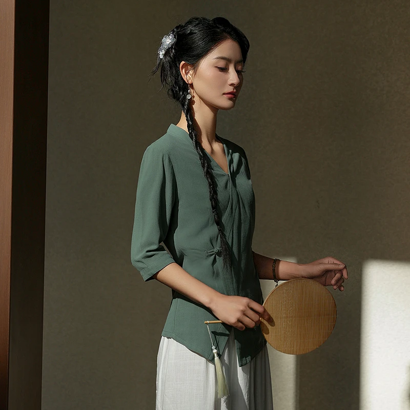 绿色茶服女夏款2025新款亚麻女士唐装新中式汉服禅意佛系高端女装