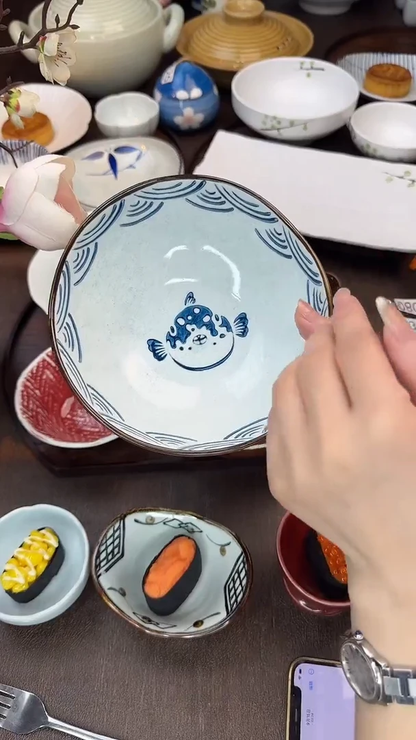 瓷海浪福鱼手捏碗