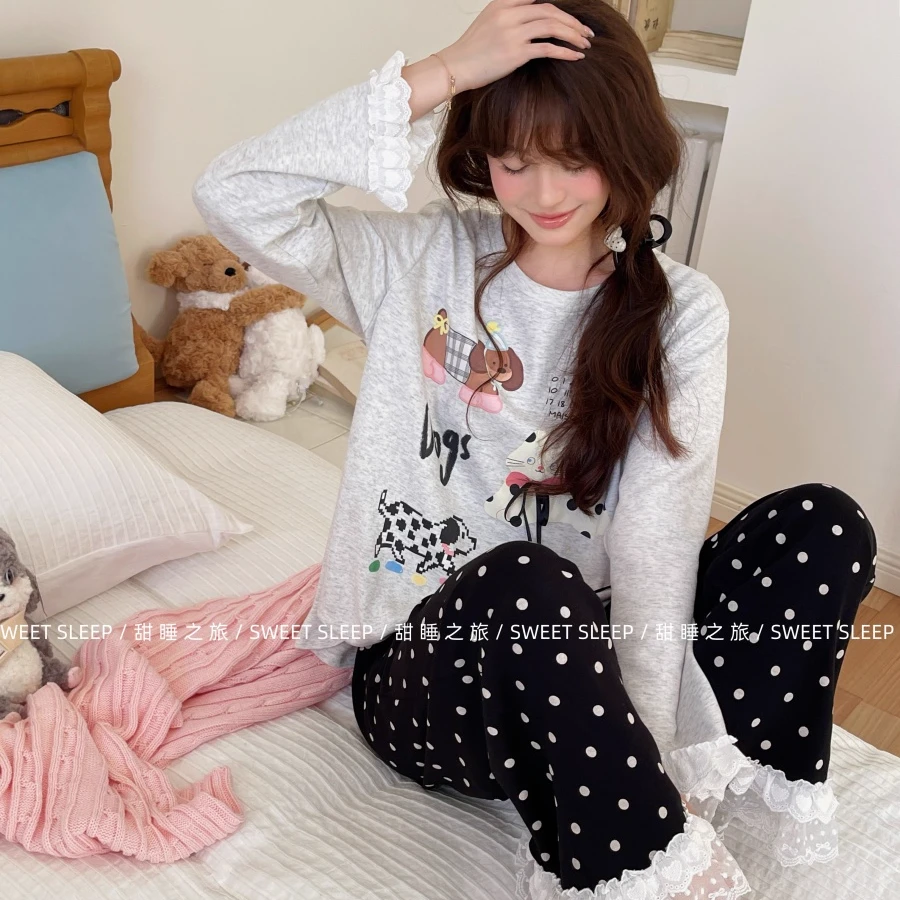 腊肠狗蕾丝睡衣女纯棉秋长袖长裤睡衣甜美波点韩版全棉家居服休闲