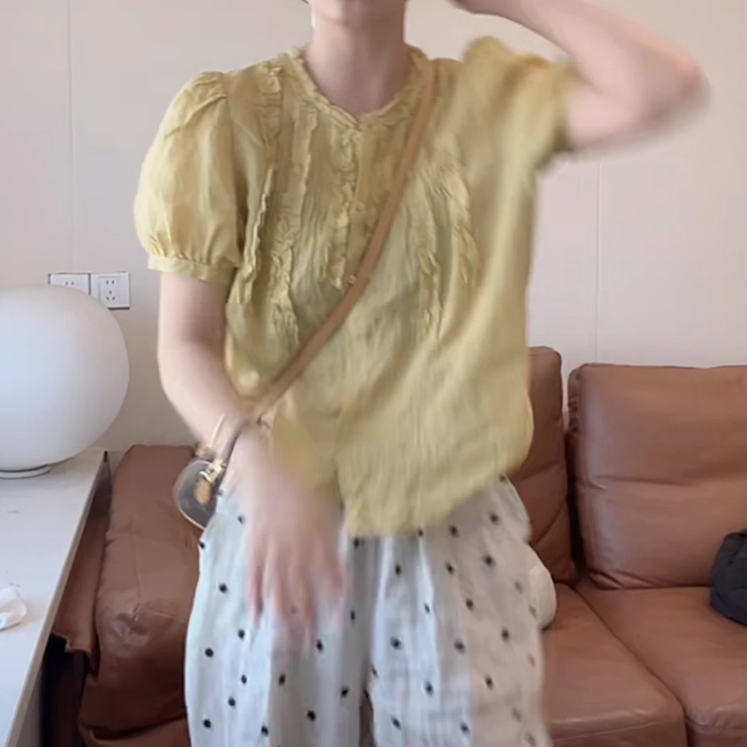 复古纯色洋气褶皱泡泡袖衬衫短袖女2025夏季宽松百搭气质减龄上衣