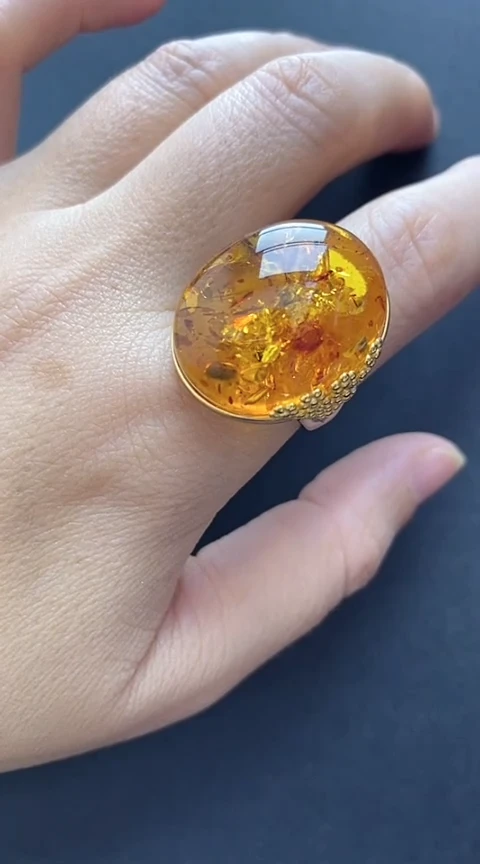 【闪购商品】琥珀裸石银S925镶嵌琥珀戒指