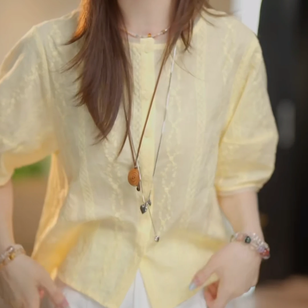 设计感法式圆领短袖上衣2025年夏季新款宽松百搭上衣小众文艺时尚