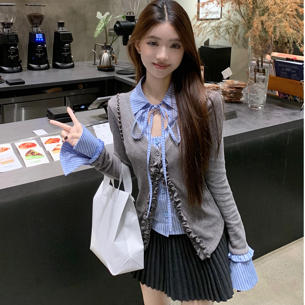 2025新款套装春秋学院风复古衬衫拼接设计感长袖开衫上衣两件套