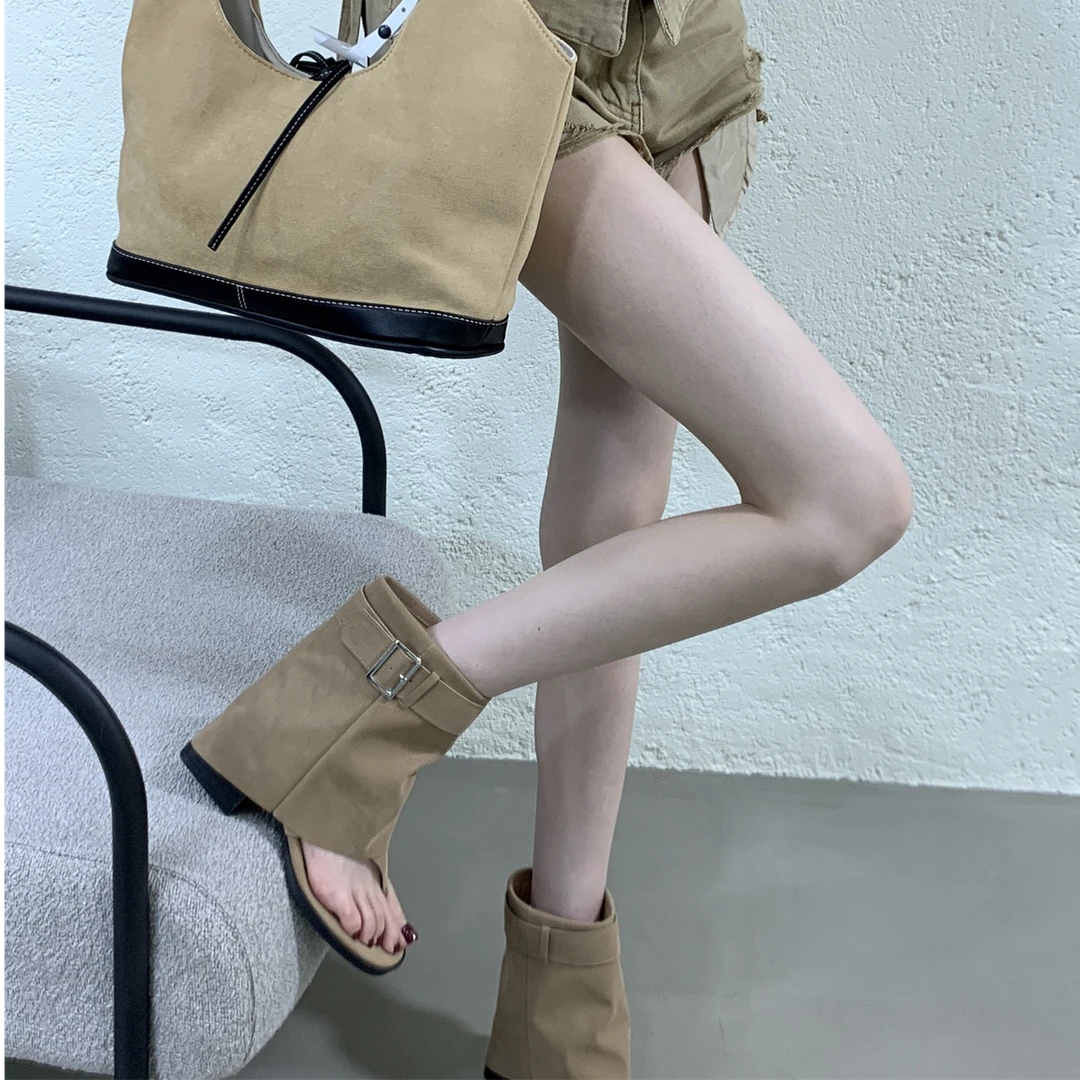 粗跟夹趾凉靴女2025夏季新款法式镂空高跟短靴裤管靴短筒罗马凉鞋