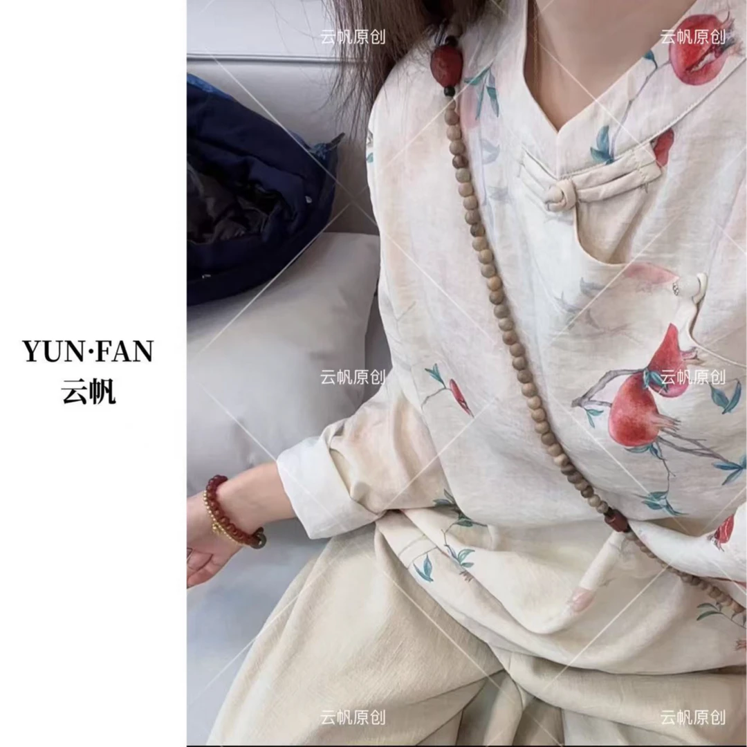 【时留石榴】天丝苎麻上衣印花衬衫复古盘扣外套长袖立领宽松显瘦