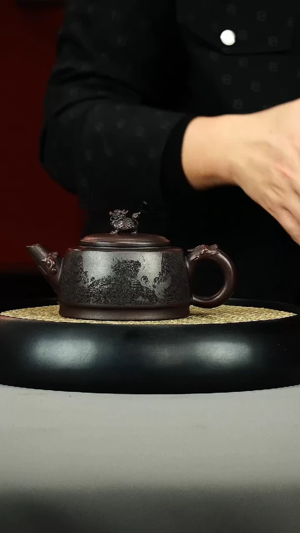 茶壶紫砂古红泥 龙尊 刻绘龙龟