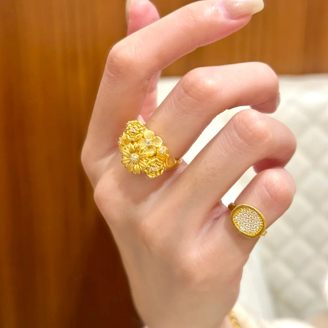 铜合金合成锆石戒指 中国风繁花锦簇戒指时尚高级感食指戒