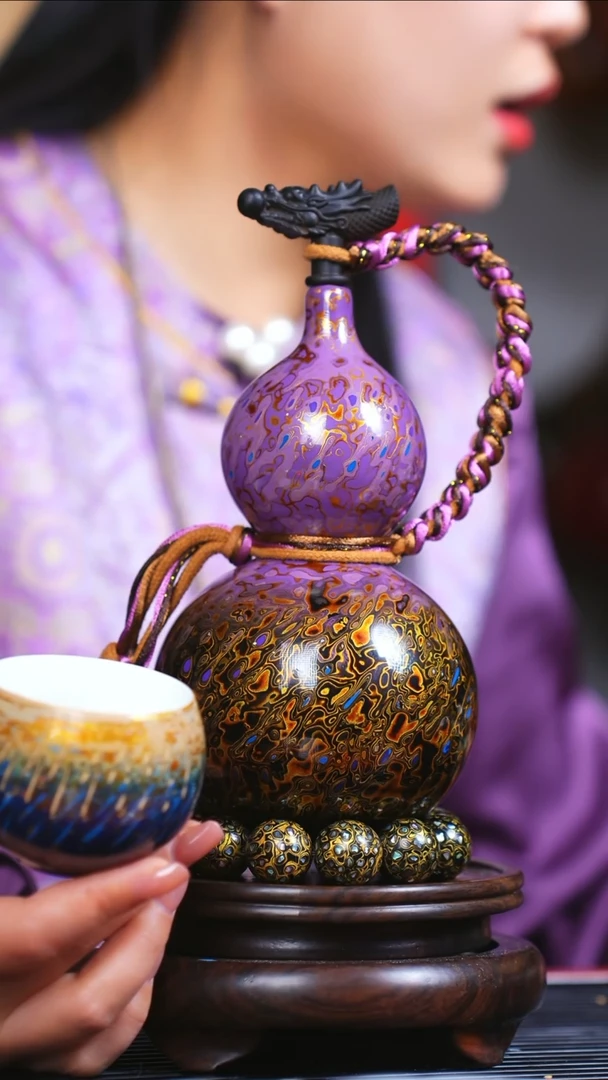 【闪购商品】JM023臻选大漆酒葫芦带白蓝主人杯