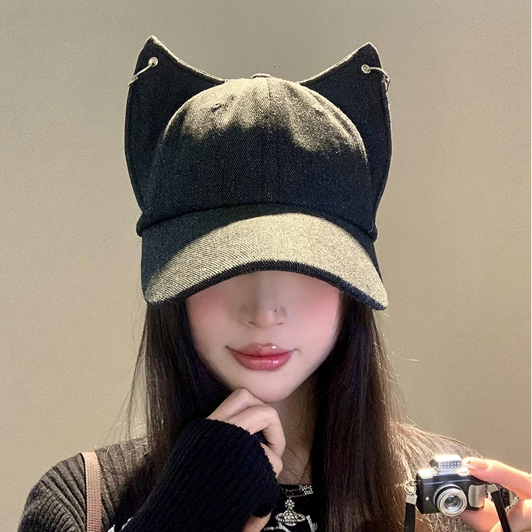 铁环狐狸耳朵牛仔棒球帽女春夏个性小众鸭舌帽2025新款显脸小帽子